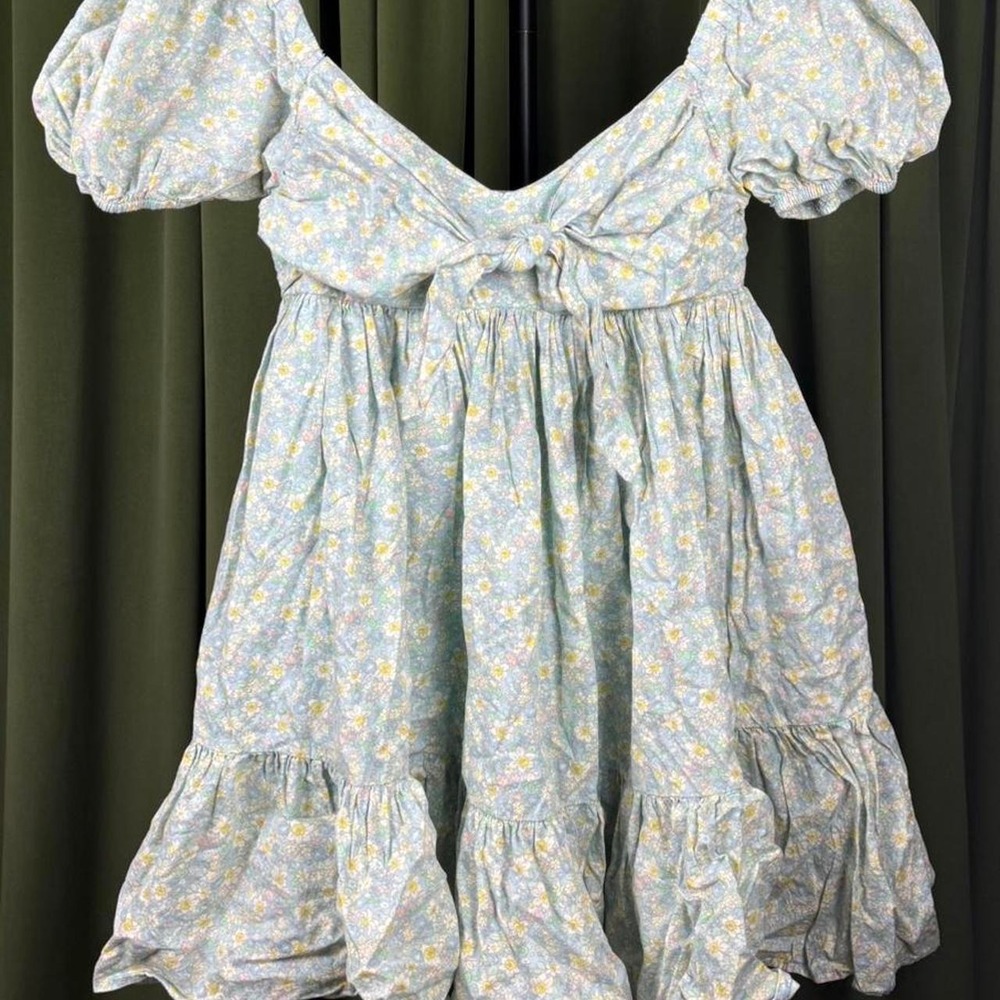 Mable Blue Yellow Floral Mini Dress Short Puff Sleeve Sweetheart Tie Front L